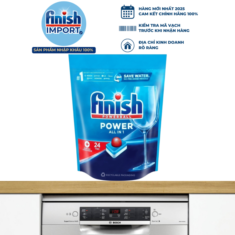 Túi 24 viên Finish All in 1 Max 2025, 10 tính năng, dành cho máy rửa chén 9-13 bộ, làm sạch hiệu quả