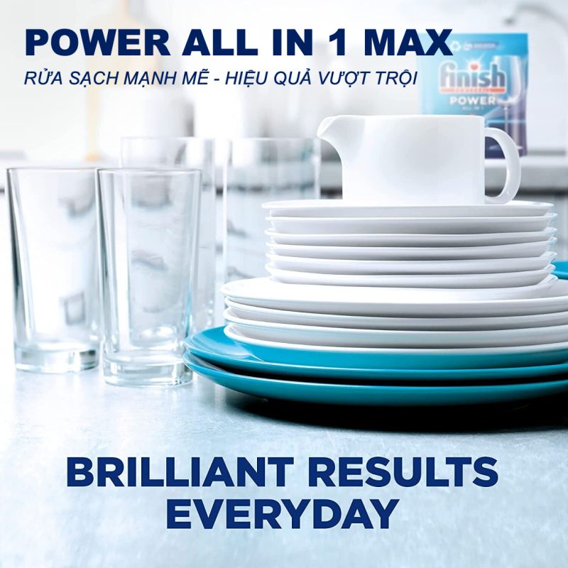 Túi 24 viên Finish All in 1 Max 2025, 10 tính năng, dành cho máy rửa chén 9-13 bộ, làm sạch hiệu quả