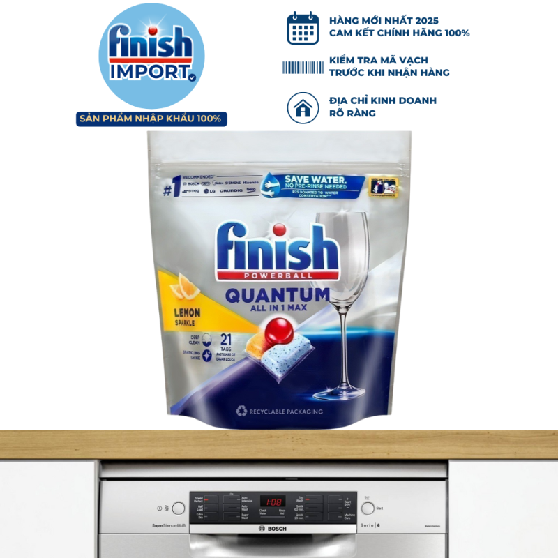 Túi 21 viên rửa chén Finish Quantum All in 1 (14x tính năng trong 1 viên công thức mới – Hương Chanh) – (Dành cho máy rửa chén 10-12-13 bộ).