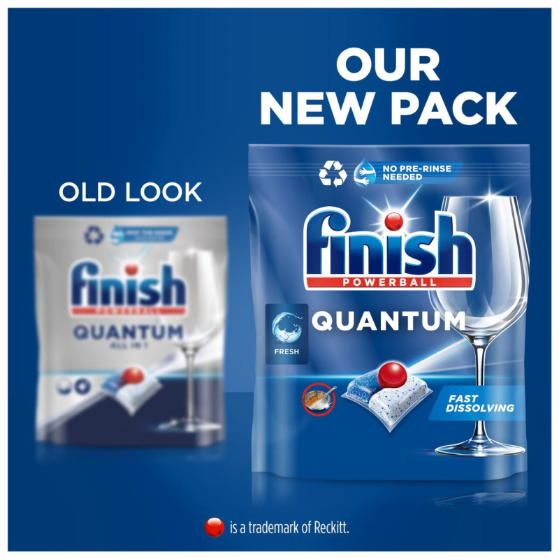 Túi 64 viên rửa chén Finish Quantum All in 1 (14x tính năng trong 1 viên Bao Bì mới – Hương Chanh) – (Dành cho máy rửa chén 10-12-13 bộ).