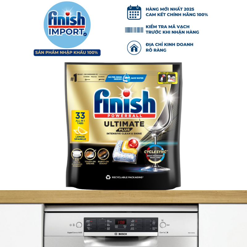 Túi 33 viên Finish Ultimate Plus 2025 hương chanh, chuẩn châu Âu, siêu cao cấp, 16 tính năng/viên, dùng cho máy rửa chén 13-15 bộ