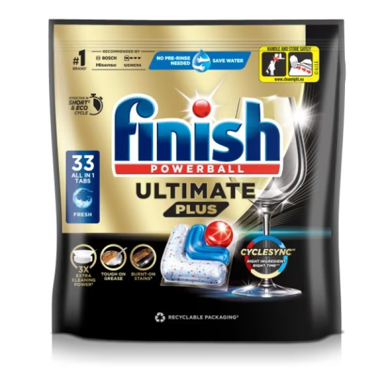 Túi 33 viên Finish Ultimate Plus 2025 hương Soda, chuẩn châu Âu, siêu cao cấp, 16 tính năng/viên, dùng cho máy rửa chén 13-15 bộ