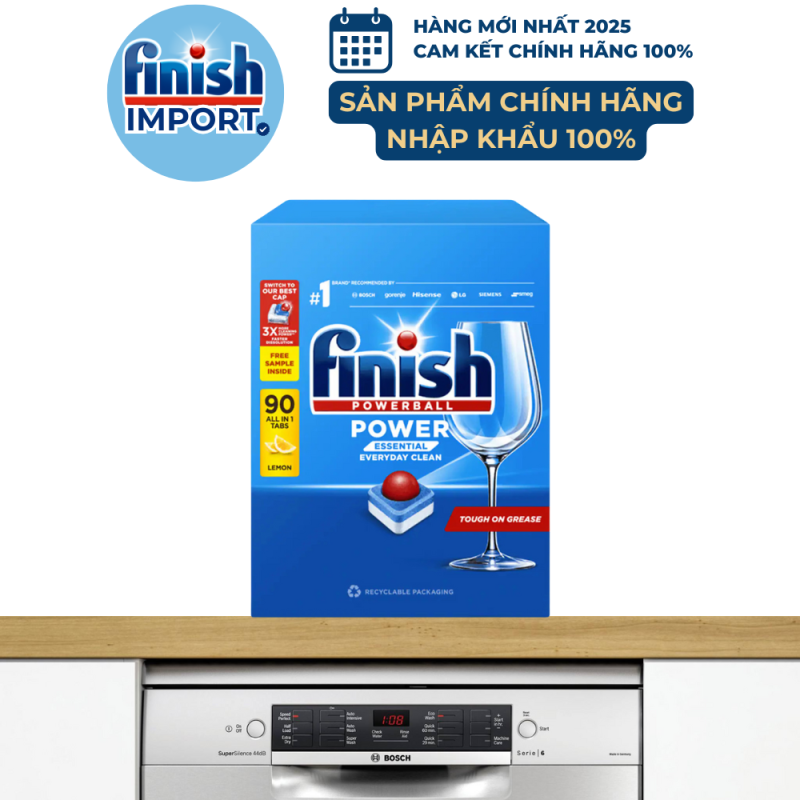 Hộp 90 viên rửa chén Finish Essential Hàng mới về 2025 – (6x tính năng trong 1 viên – Hương Chanh) – (Dành cho máy rửa chén 9-10-12 bộ).