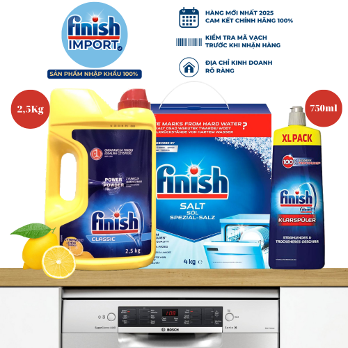 Combo tiện lợi: Bột rửa chén Finish Classic 2,5kg hương chanh, muối Finish Đức 4kg (2 gói 2kg), nước làm bóng Finish 750ml