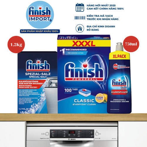 Combo 3 món: 100 viên Finish Classic, 1,2kg muối làm mềm nước, 750ml nước làm bóng Finish, giúp làm sạch và bảo vệ máy hiệu quả