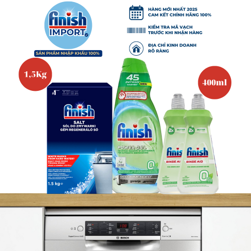 Combo 4 món Ecolabel: Gel rửa chén Finish 900ml, 2 chai Finish 400ml (0% Ecolabel EU), muối Finish 1,5kg (Làm mềm nước)