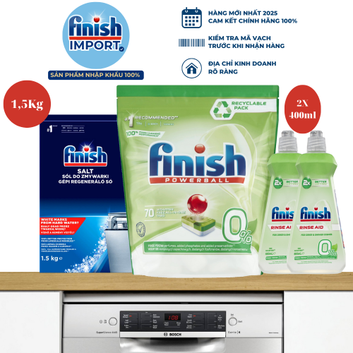 Combo 4 món Ecolabel: 70 viên Finish All in 1 Max + 2 chai 400ml Finish Ecolabel + 1,5kg muối Finish làm mềm nước, tiêu chuẩn EU