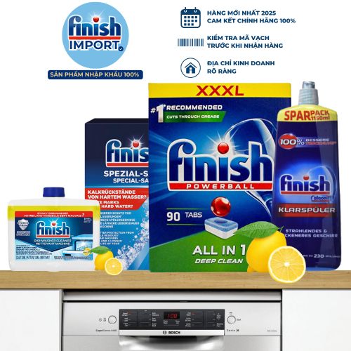 Combo 4 món: 90 viên Finish All in 1 XXXL hương chanh + 1,2kg muối Finish + 1150ml nước làm bóng Finish + 250ml vệ sinh máy Finish