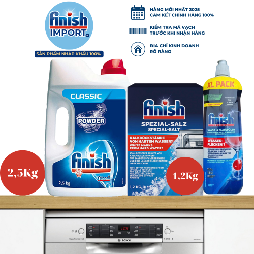 Combo siêu lợi: Bột rửa chén Finish Classic 2,5kg (250 lần dùng) + 1,2kg muối làm mềm nước Finish + 800ml nước làm bóng Finish