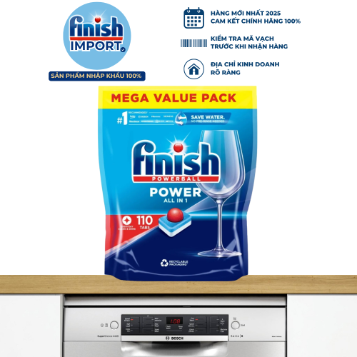 Túi 110 viên Finish All in 1 Max 2024, 10 tính năng, dành cho máy rửa chén 9-13 bộ, làm sạch hiệu quả