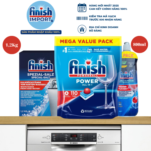 (Combo 3 món Tiết Kiệm) 1 Túi 110 viên rửa chén Finish All in 1 + 1 Chai 800ml Finish + 1 Hộp 1,2Kg muối Finish (Làm mềm nước)