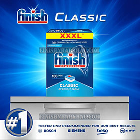 Hộp 100 viên rửa chén Finish Classic XXXL- (2x tính năng trong 1 viên) – (Dành cho máy rửa chén 9-10-12-13 bộ).