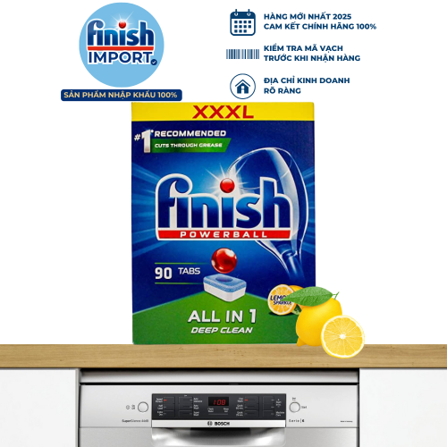 Hộp 90 viên Finish All in 1 XXL mới, 6 tính năng, hương chanh, dành cho máy rửa chén 9-13 bộ trở xuống