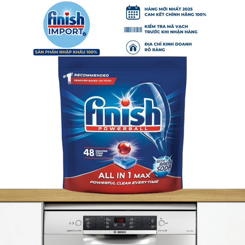 Túi 48 viên rửa chén Finish All in 1 Max – (10x tính năng Hương Baking Soda) – (Dành cho máy rửa chén 9-10-12-13 bộ trở xuống).