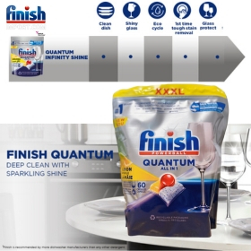 Túi 60 viên rửa chén Finish Quantum All in 1 (14x tính năng trong 1 viên công thức mới – Hương Chanh) – (Dành cho máy rửa chén 10-12-13 bộ).