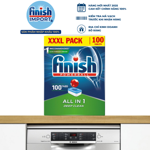 Hộp 100 viên Finish All in 1, 6 tính năng, hương nguyên bản, dành cho máy rửa chén 9-13 bộ trở xuống