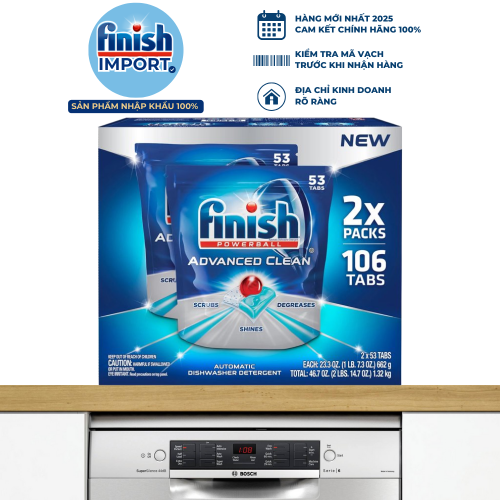 Hộp 106 viên (gồm 2 túi 53 viên) rửa chén Finish Quantum Ultimate Advanced Clean - HÀNG MỚI VỀ (Sản xuất mới 2021) – (Dành cho máy rửa chén 13-15 bộ).