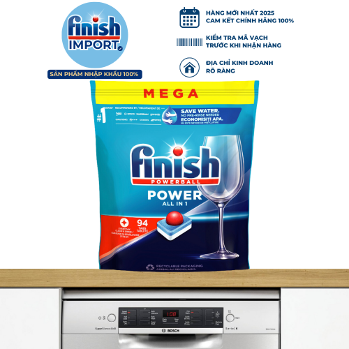 Túi 94 viên rửa chén Finish All in 1 (MEGA HÀNG MỚI VỀ) – (6x tính năng trong 1 viên) – (Dành cho máy rửa chén 9-10-12-13 bộ trở xuống).