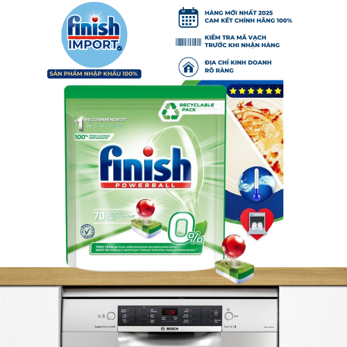 Túi 70 viên Finish All in 1 Max, 10 tính năng, 0% Ecolabel EU, thân thiện môi trường, an toàn cho gia đình có trẻ nhỏ, cho máy 9-13 bộ