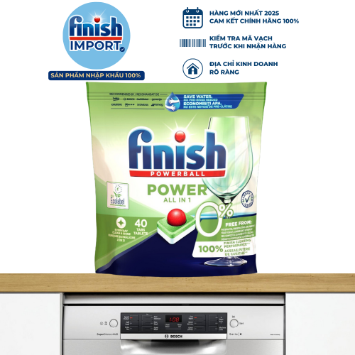 Túi 40 viên Finish All in 1 Max 2023, 10 tính năng, 0% Ecolabel EU, thân thiện môi trường, an toàn cho gia đình có trẻ nhỏ, máy 9-13 bộ