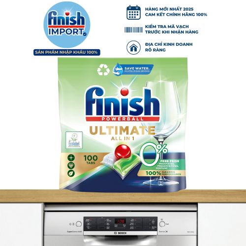 Túi 100 viên Finish Ultimate All in 1 0% Ecolabel EU 2024, thân thiện môi trường, an toàn cho gia đình có trẻ nhỏ, cho máy 12-13 bộ+