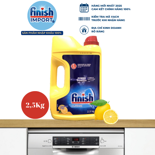 Hộp bột rửa chén Finish Classic 2,5Kg (Hương chanh – 250 lần dùng) – (Dành cho máy rửa chén 7-8-9-10-12-13-14-15 bộ).