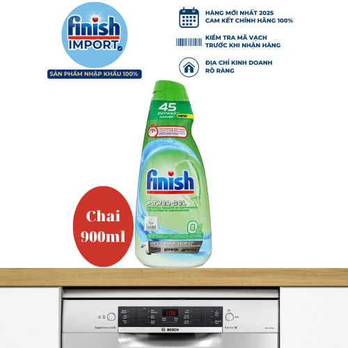 Chai 900ml Gel rửa chén Finish All in 1 Max 0% Ecolabel EU, 10 tính năng thân thiện môi trường, an toàn cho gia đình có trẻ nhỏ, cho máy 6-15 bộ