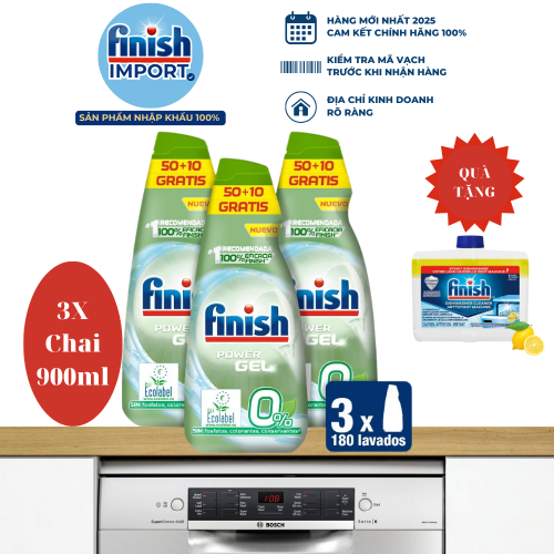 Combo 3 Chai 900ml Gel rửa chén Finish All in 1 Max 0% Ecolabel EU, 10 tính năng thân thiện môi trường, an toàn cho gia đình có trẻ nhỏ, cho máy 6-15 bộ