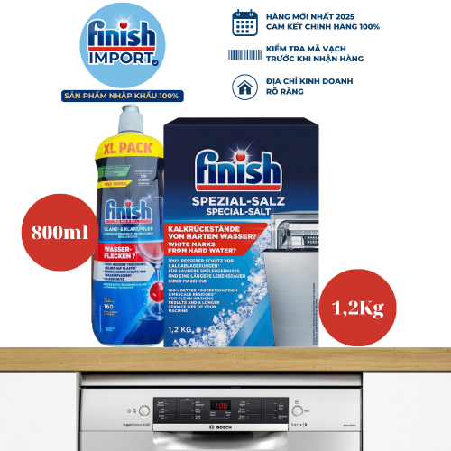 Combo trợ xả Finish tiết kiệm: Muối Finish 1,2kg (làm mềm nước) + Nước làm bóng Finish 800ml (hỗ trợ khô và làm bóng thủy tinh).