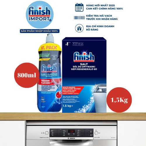 Combo trợ xả Finish tiết kiệm: Muối Finish 1,5kg (làm mềm nước) + Nước làm bóng Finish 800ml (hỗ trợ khô và làm bóng thủy tinh).