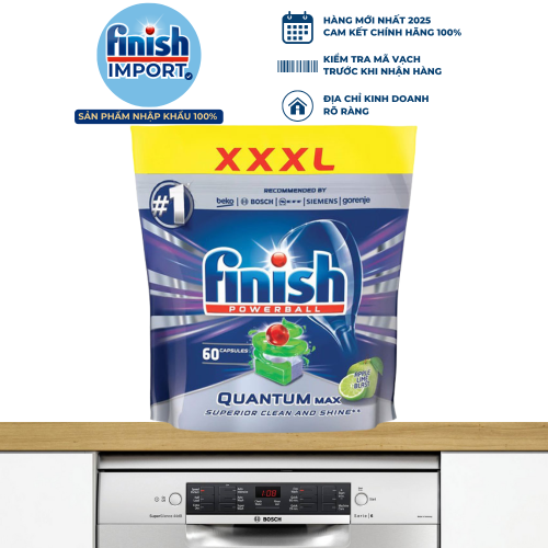 Túi 60 viên Finish Quantum Max mới, 14 tính năng, hương Lime & Táo, dành cho máy rửa chén 10-13 bộ