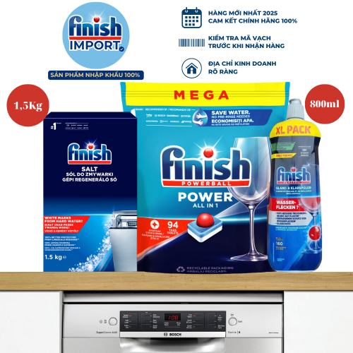 (COMBO 3 MÓN VIÊN) 1 Túi 94 viên rửa chén Finish All in 1 + 1 Chai 800ml Finish + 1 Hộp 1,5Kg muối Finish (Làm mềm nước).