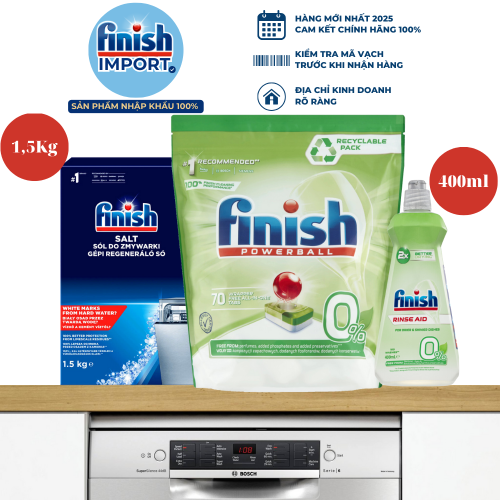 Combo 3 món Ecolabel: 70 viên Finish All in 1 Max + 400ml Finish Ecolabel (0% EU) + 1,5kg muối Finish làm mềm nước