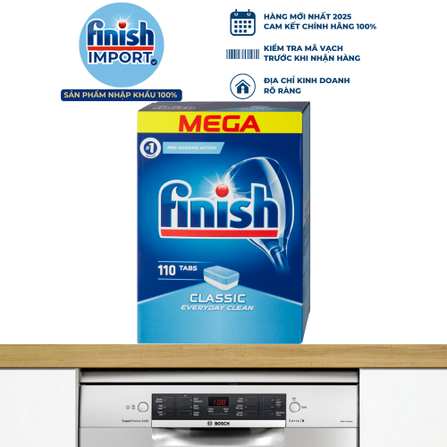 Hộp 110 viên Finish Classic MEGA, thiết kế mới, 2 tính năng, dành cho máy rửa chén 9-13 bộ