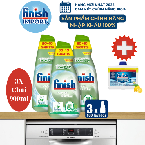 Combo 3 Chai 900ml Gel rửa chén Finish All in 1 Max 0% Ecolabel EU, 10 tính năng thân thiện môi trường, an toàn cho gia đình có trẻ nhỏ, cho máy 6-15 bộ