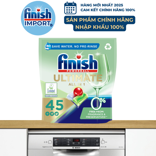 Túi 45 viên Finish Ultimate All in 1 0% Ecolabel EU 2024, thân thiện môi trường, an toàn cho gia đình có trẻ nhỏ, cho máy 12-13 bộ+