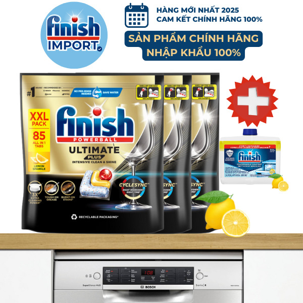 Combo 4 túi 60 viên Finish Ultimate Plus hương chanh, chuẩn châu Âu, siêu cao cấp, 16 tính năng/viên, dùng cho máy rửa chén 13-15 bộ
