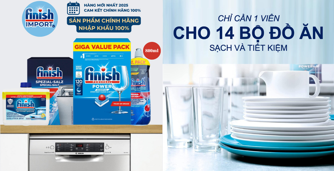 Combo 4 món: Hộp 120 viên Finish Essential hương soda + 1,2kg muối Finish + 800ml nước làm bóng + 250ml vệ sinh máy Finish