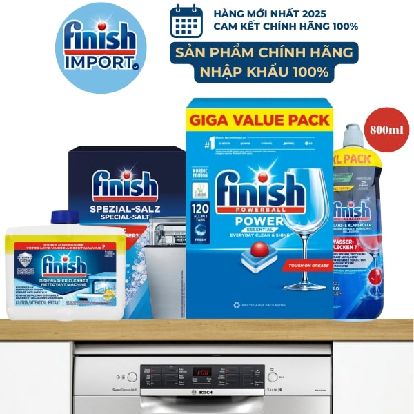 Combo 4 món: Hộp 120 viên Finish Essential hương soda + 1,2kg muối Finish + 800ml nước làm bóng + 250ml vệ sinh máy Finish