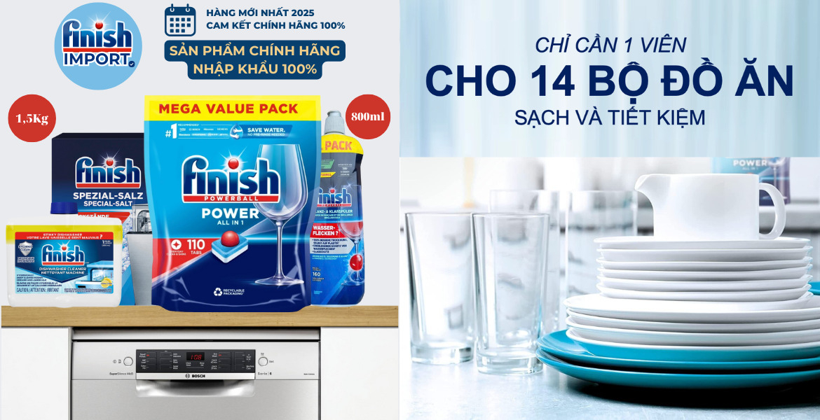 (Combo 4 món Tối Ưu) 1 Túi 110 viên rửa chén Finish All in 1 + 1 Chai 800ml Finish + 1 Hộp 1,5Kg muối Finish (Làm mềm nước) + 1 Vệ sinh máy Finish 250ml