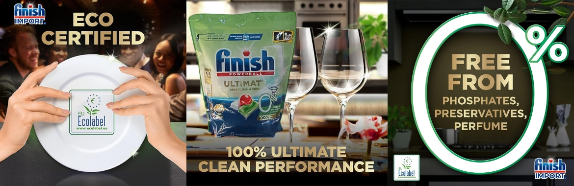 Túi 100 viên Finish Ultimate All in 1 0% Ecolabel EU, thân thiện môi trường, an toàn cho gia đình có trẻ nhỏ, cho máy 12-13 bộ+