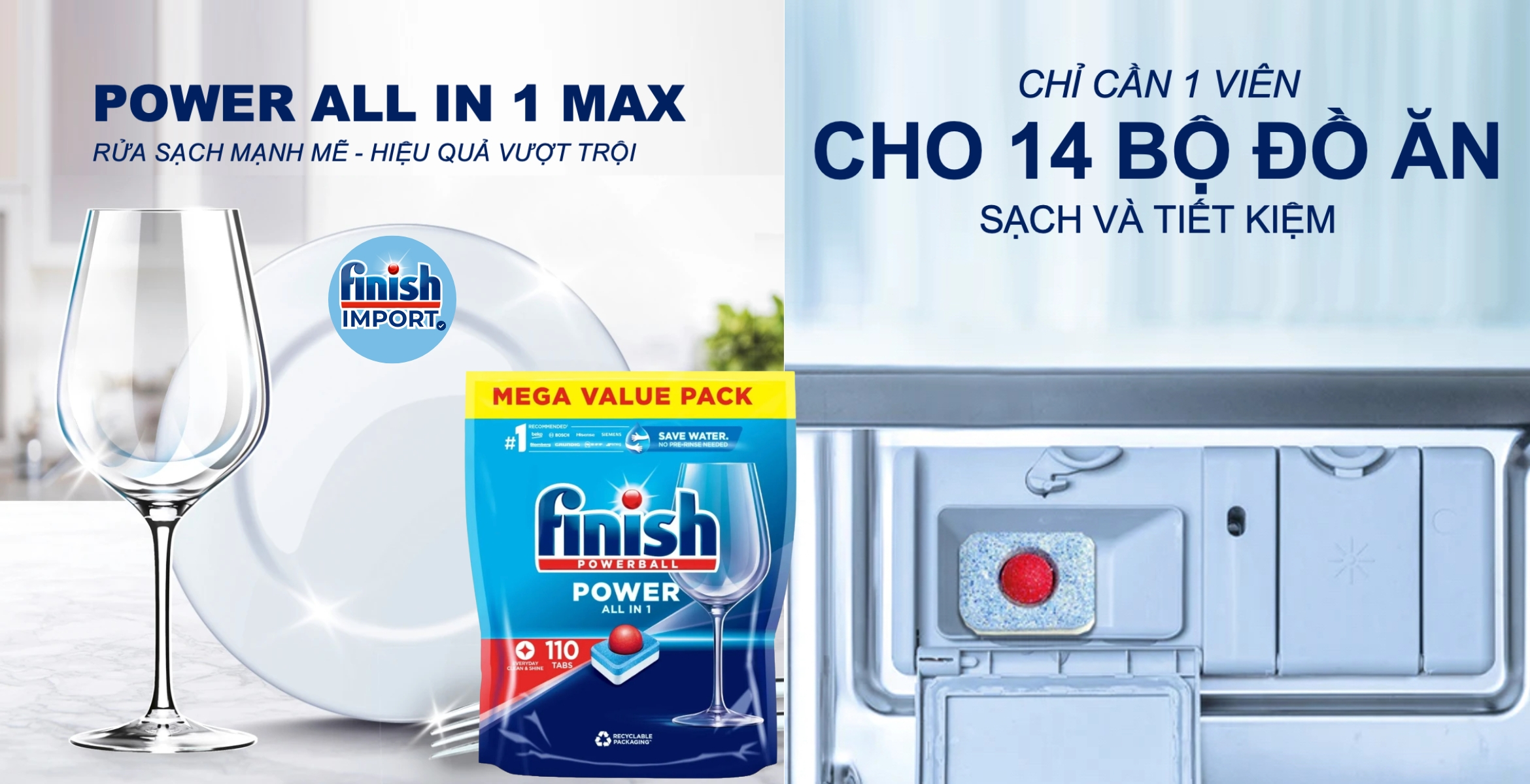 Túi 110 viên Finish All in 1 Max 2025, 10 tính năng, dành cho máy rửa chén 9-13 bộ, làm sạch hiệu quả